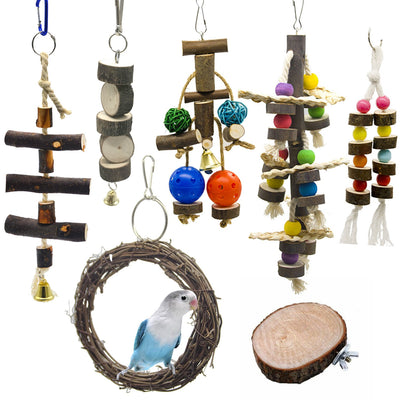 Lot de 7 Jouets à Mâcher en Bois et Cuir pour Oiseau