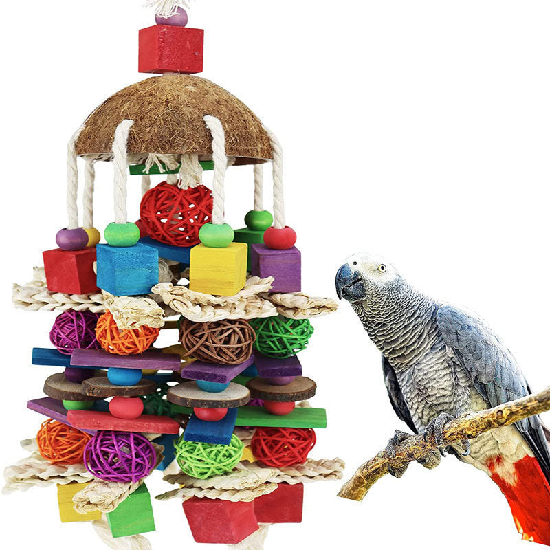 Coconut Shell Rattan Ball Wooden Block Toy for Birds